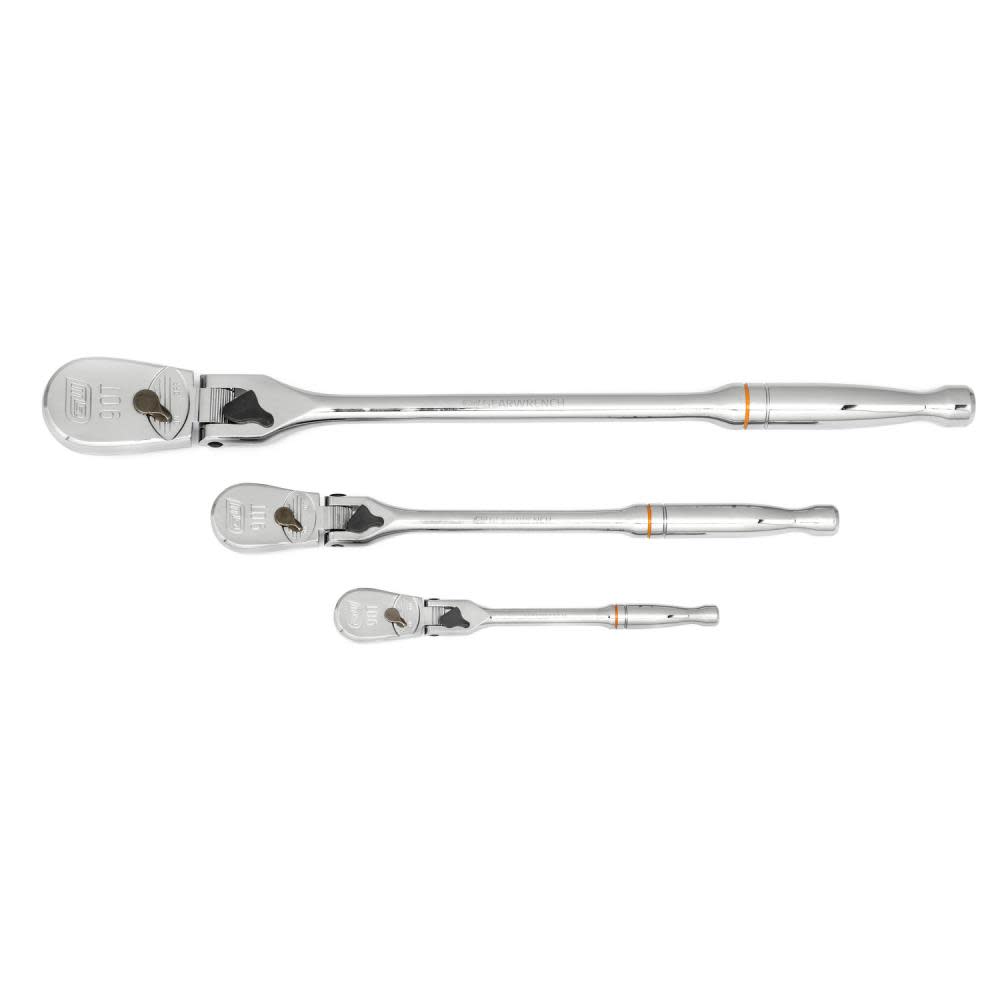 3 Pc 1/4， 3/8 and 1/2 Drive 90 Tooth Locking Flex Head Teardrop Ratchet Set