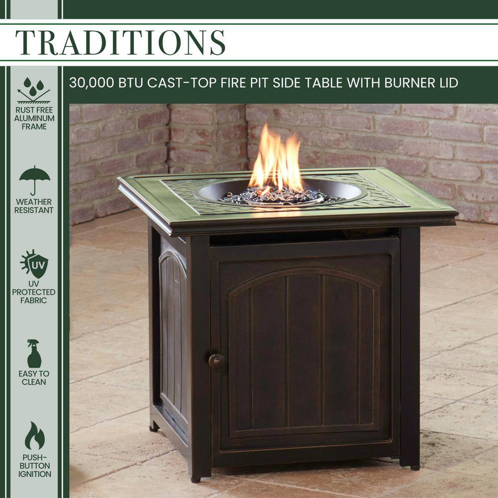 Hanover Traditions 26 in. Square Aluminum Outdoor Side Table with Fire Pit and Burner Lid TRAD26SQFP