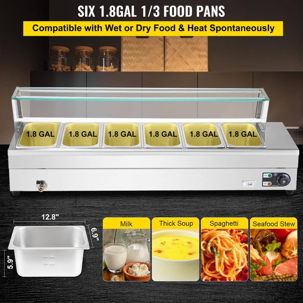 VEVOR 6 Pan x 13 GN Stainless Steel Commercial Food Steam Table 6 in. Deep 1500Watt Electric Countertop Food Warmer 42 Qt. BLZBWTC6PB3600001V1