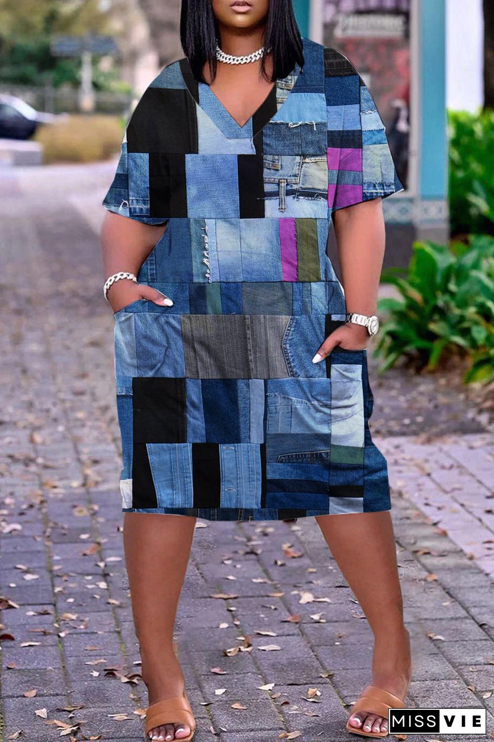 Dark Blue Casual Print Patchwork Pocket V Neck Short Sleeve Dress