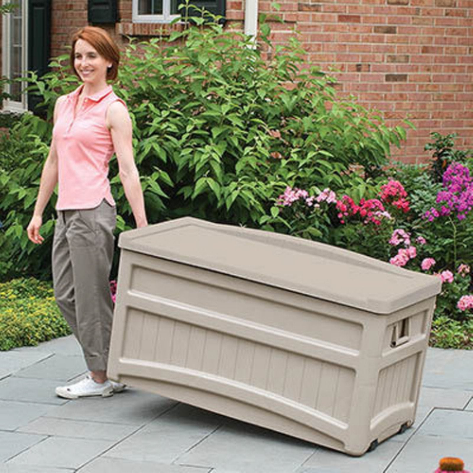 Suncast 73 Gallon Resin Deck Box with Seat, Light Taupe