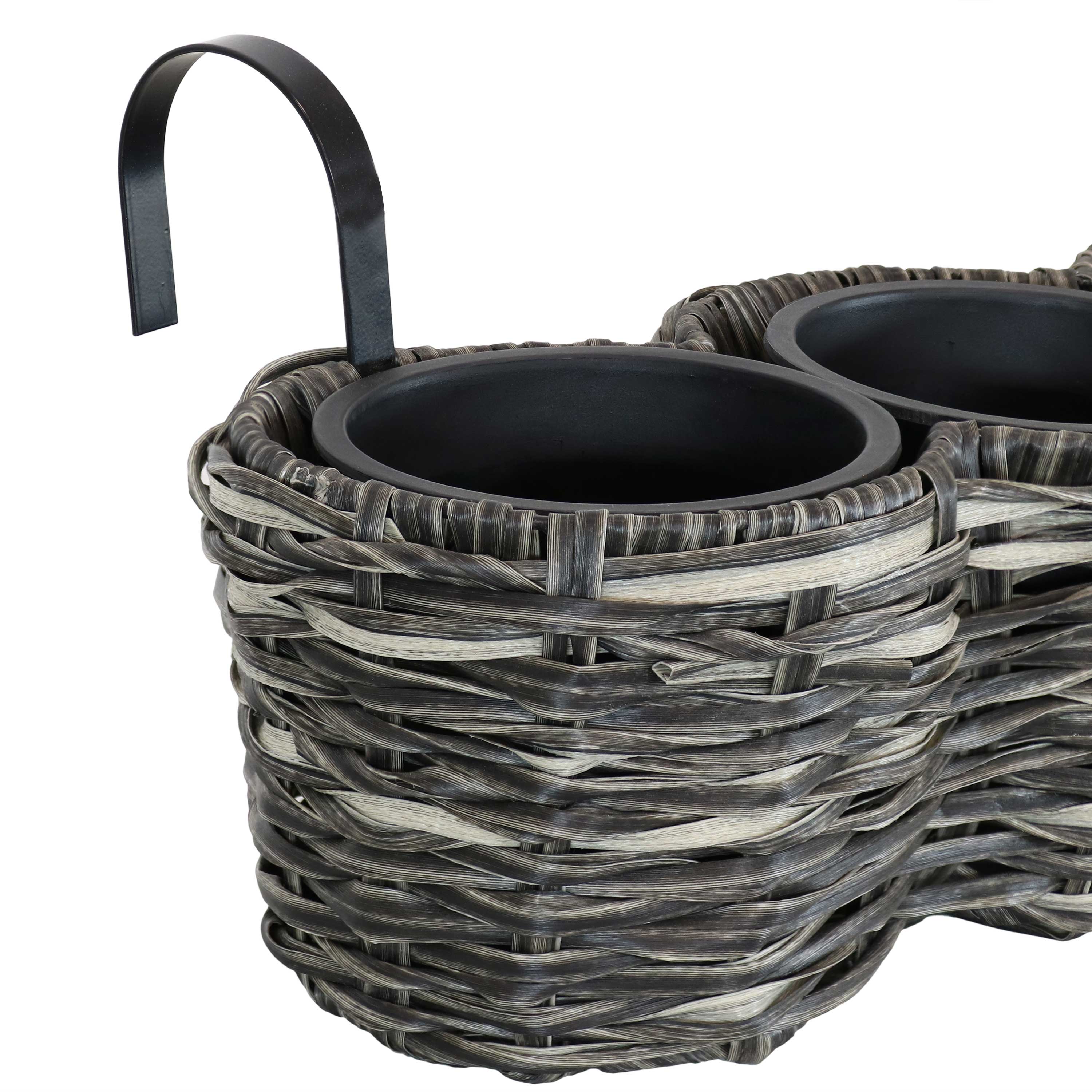 Sunnydaze Indoor/Outdoor Polyrattan Over-the-Rail Tri-Planter with 3 Round Black Plastic Liners - Charcoal