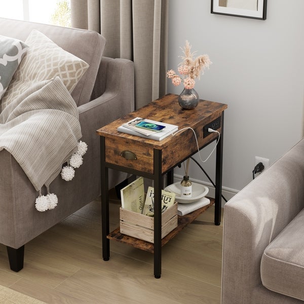 End Table with Charging Station， Side Table and Nightstand with USB Ports and Outlets