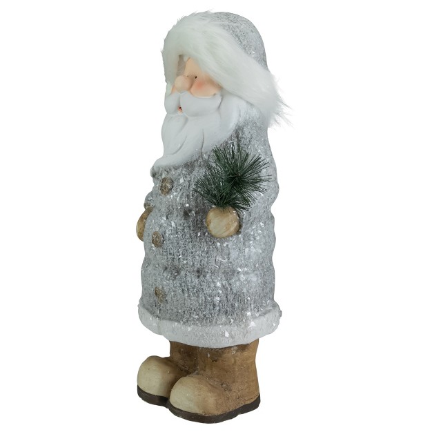 Ceramic Santa In Gray Coat Holding Pine Sprig Christmas Figure