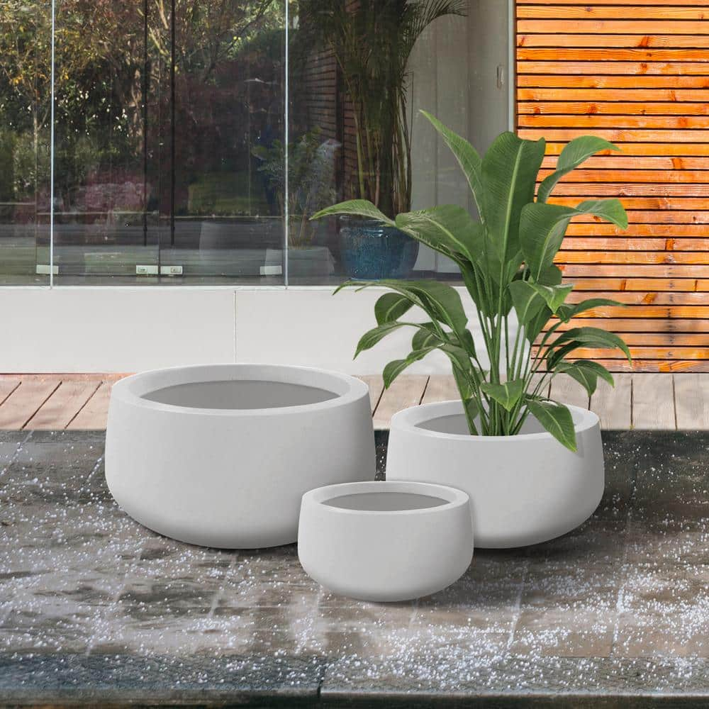 KANTE 19.6 in.， 15.7 in. and 11.8 in. W Round Pure White Concrete Elegant Planters Set of 3， Outdoor Indoor w/Drainage Holes RC0051ABC-C80011