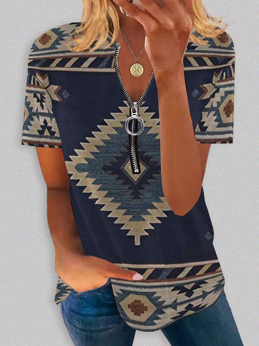 Round Neck Casual Loose Ethnic Geometric Print Short-sleeved T-shirt