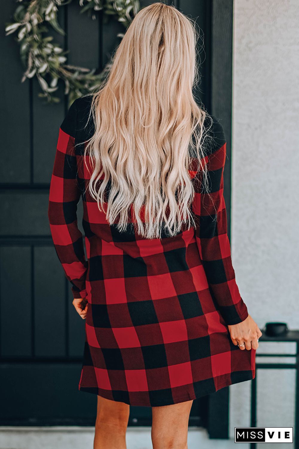 Buffalo Plaid Splicing Long Sleeve Mini Dress