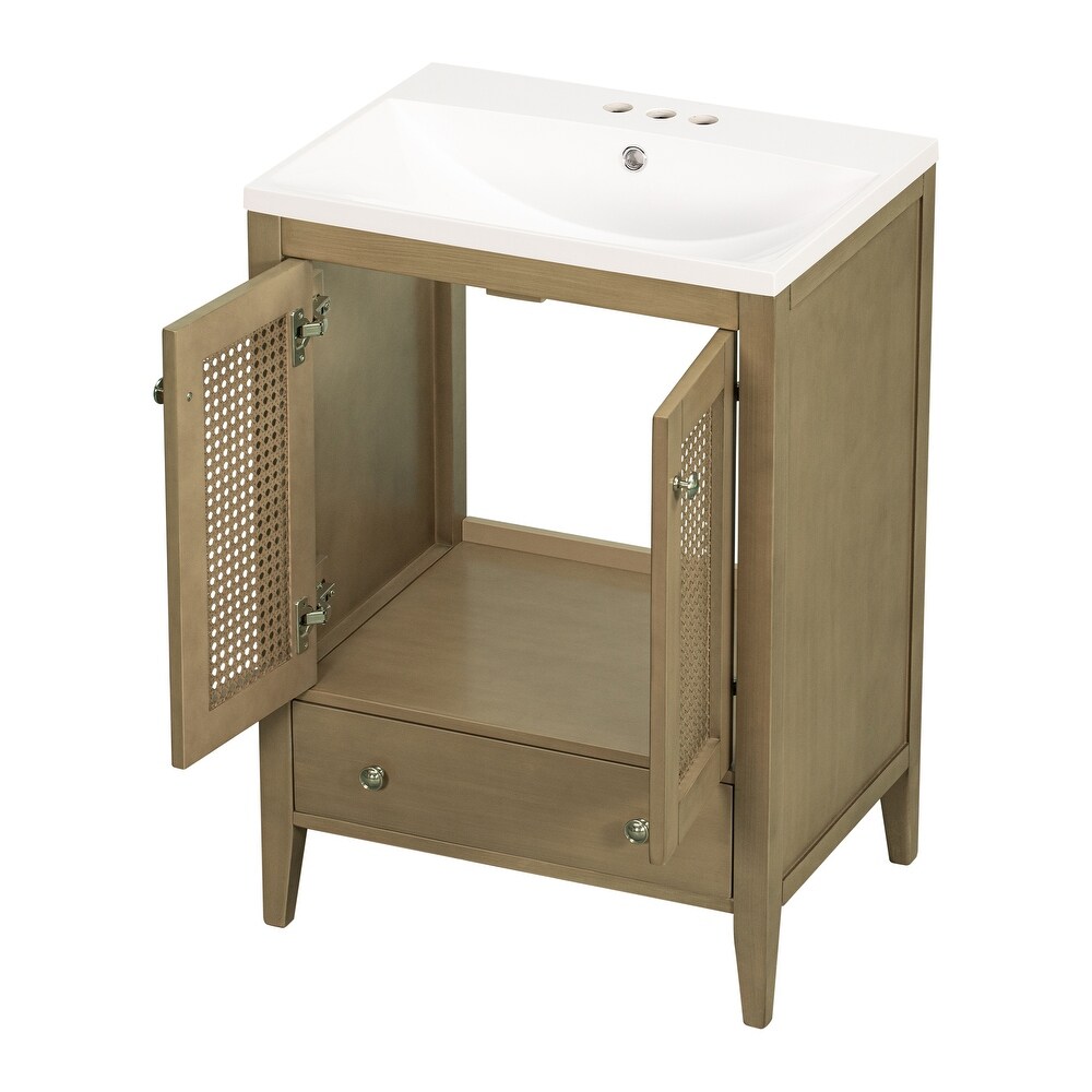 Bathroom Vanity with Ceramic Basin Rattan Bathroom Storage Cabinet