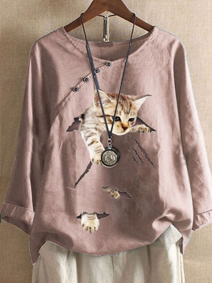 Round Neck Casual Loose Cat Print Long Sleeve Blouse