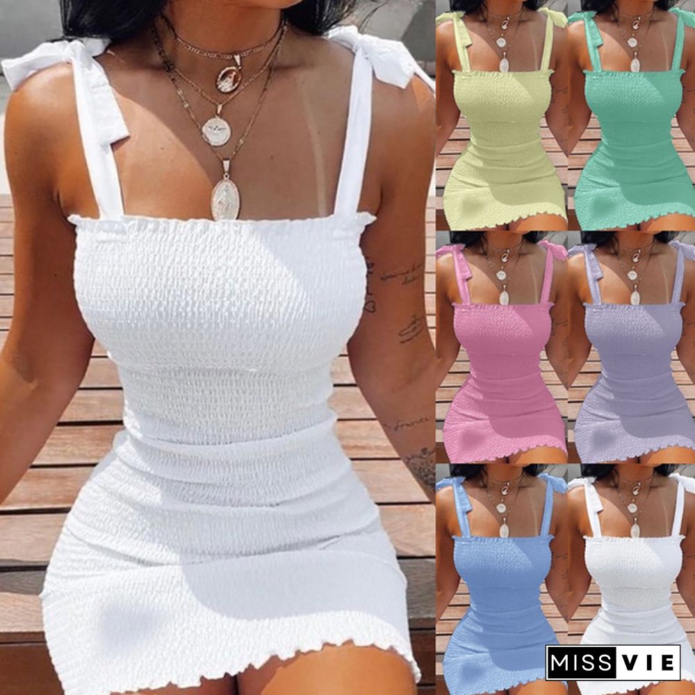 Women's Fashion Oiff Shoulder Sleeveless Smocked Bodycon Dress Women Strapless Mini Dresses Ladies Short Party Club Dress