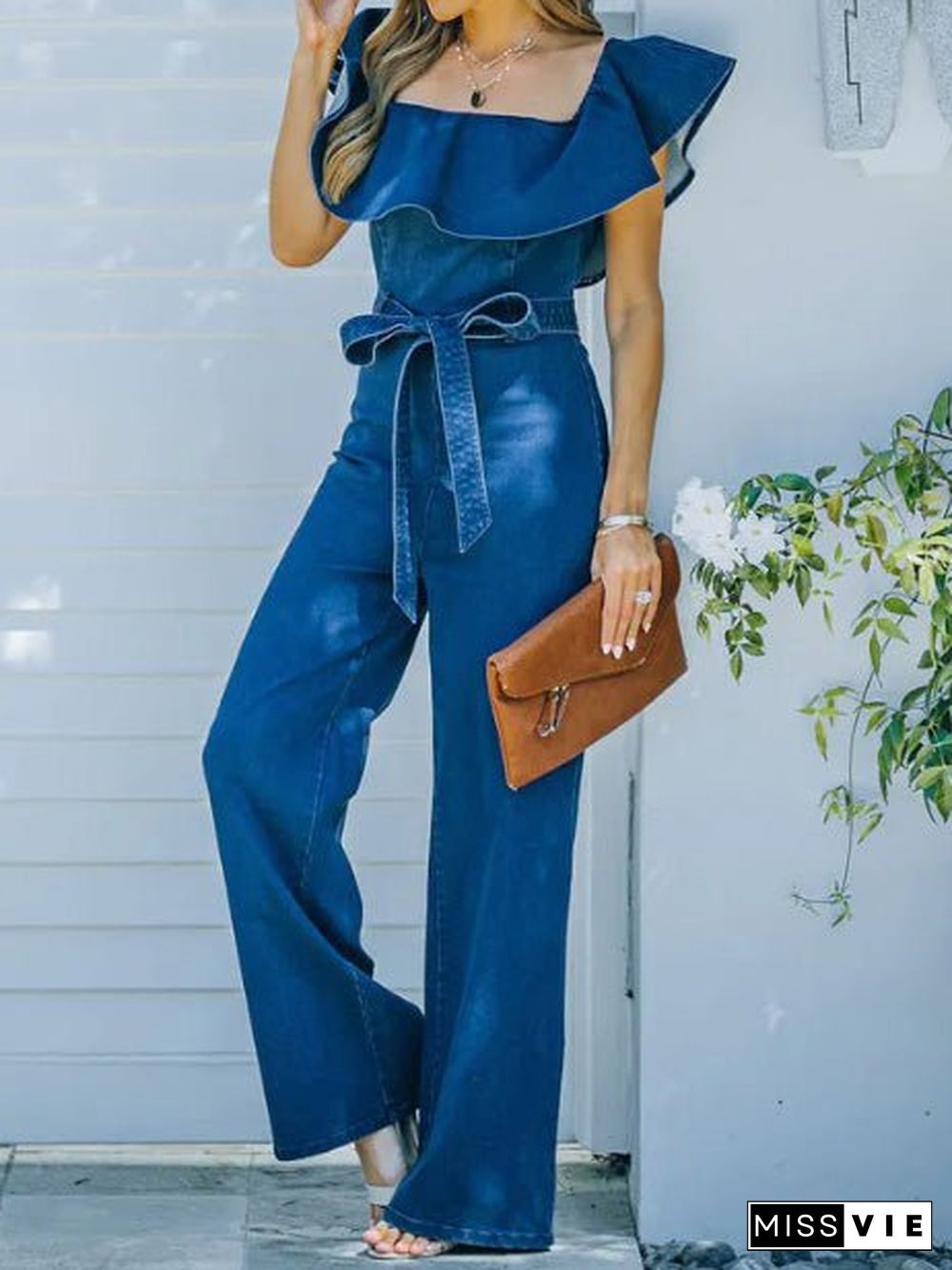 Women'S Jumpsuits One-Shoulder Ruffled Belted Jumpsuit