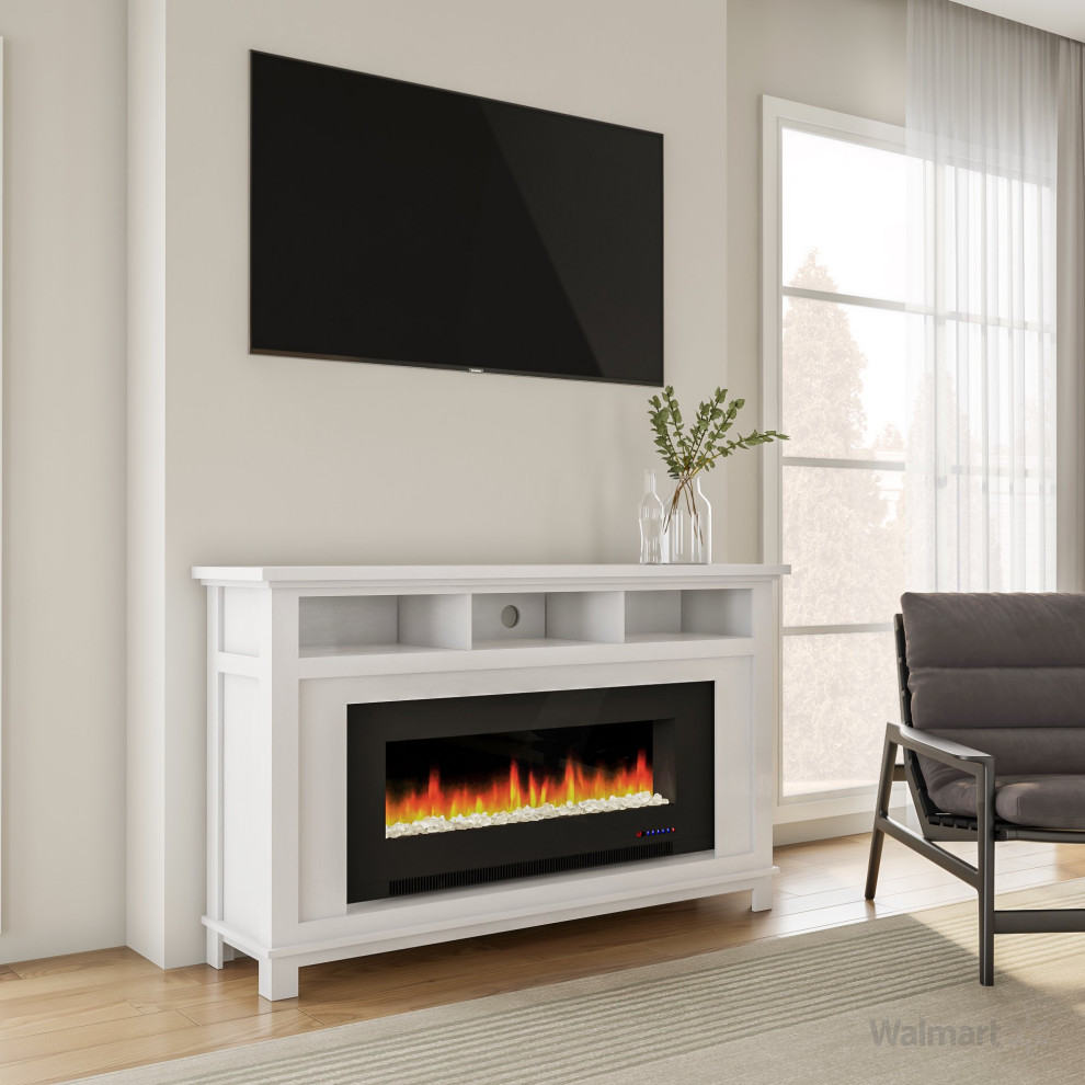 Unique TV Console  Open Shelves  Fireplace With 10 LED Flame Color  White/Black   Transitional   Entertainment Centers And Tv Stands   by Declusia  Houzz