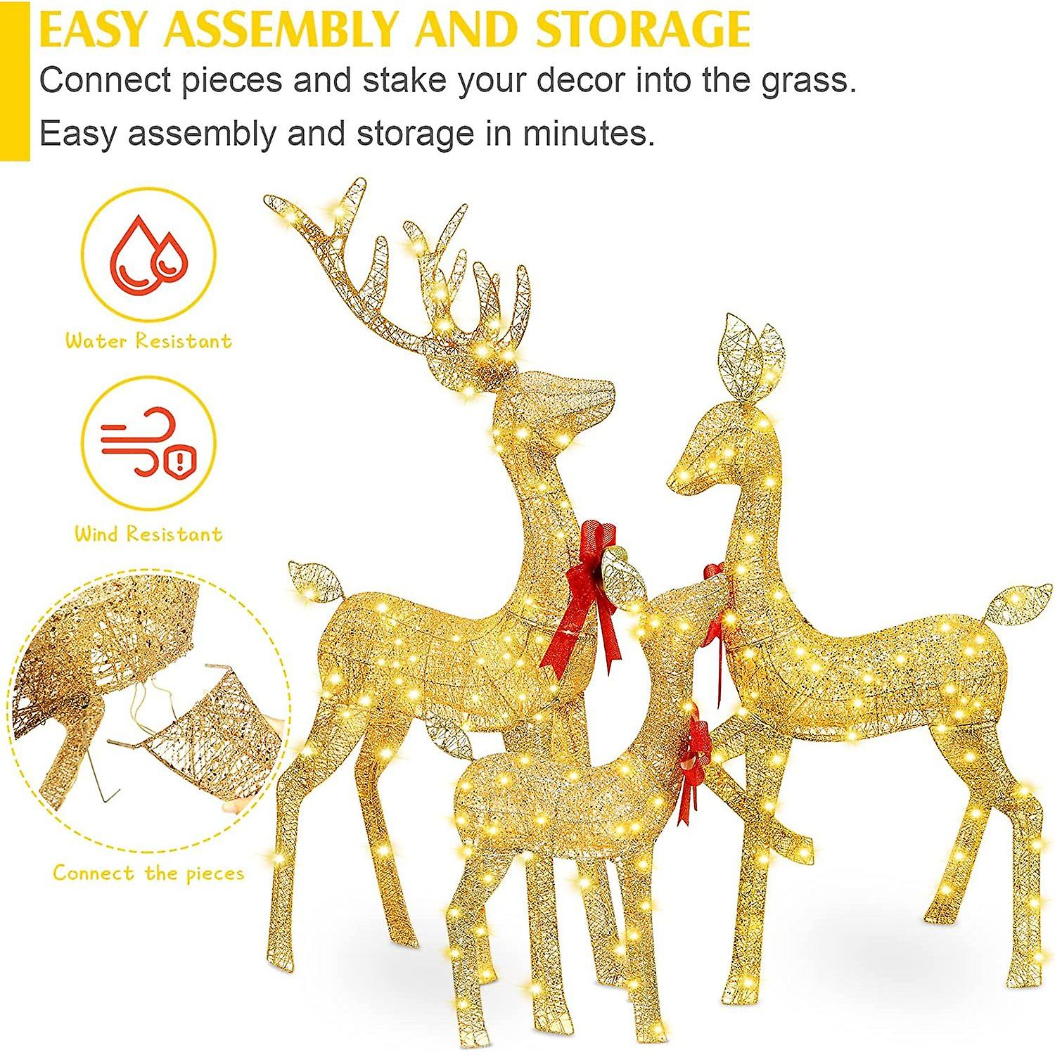 Christmas Lighted Reindeer Family Outdoor Christmas Yard Decoration Large Holiday Lighted Deer Set For Yard Art Indoor Outdoor Lawn Decor (gold， Big)