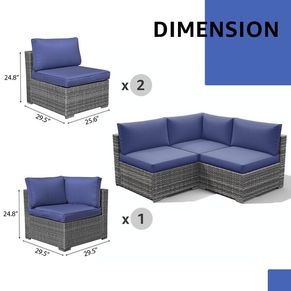 Outdoor 3 pcs Wicker Sectional Corner Sofa and Armless Sofa