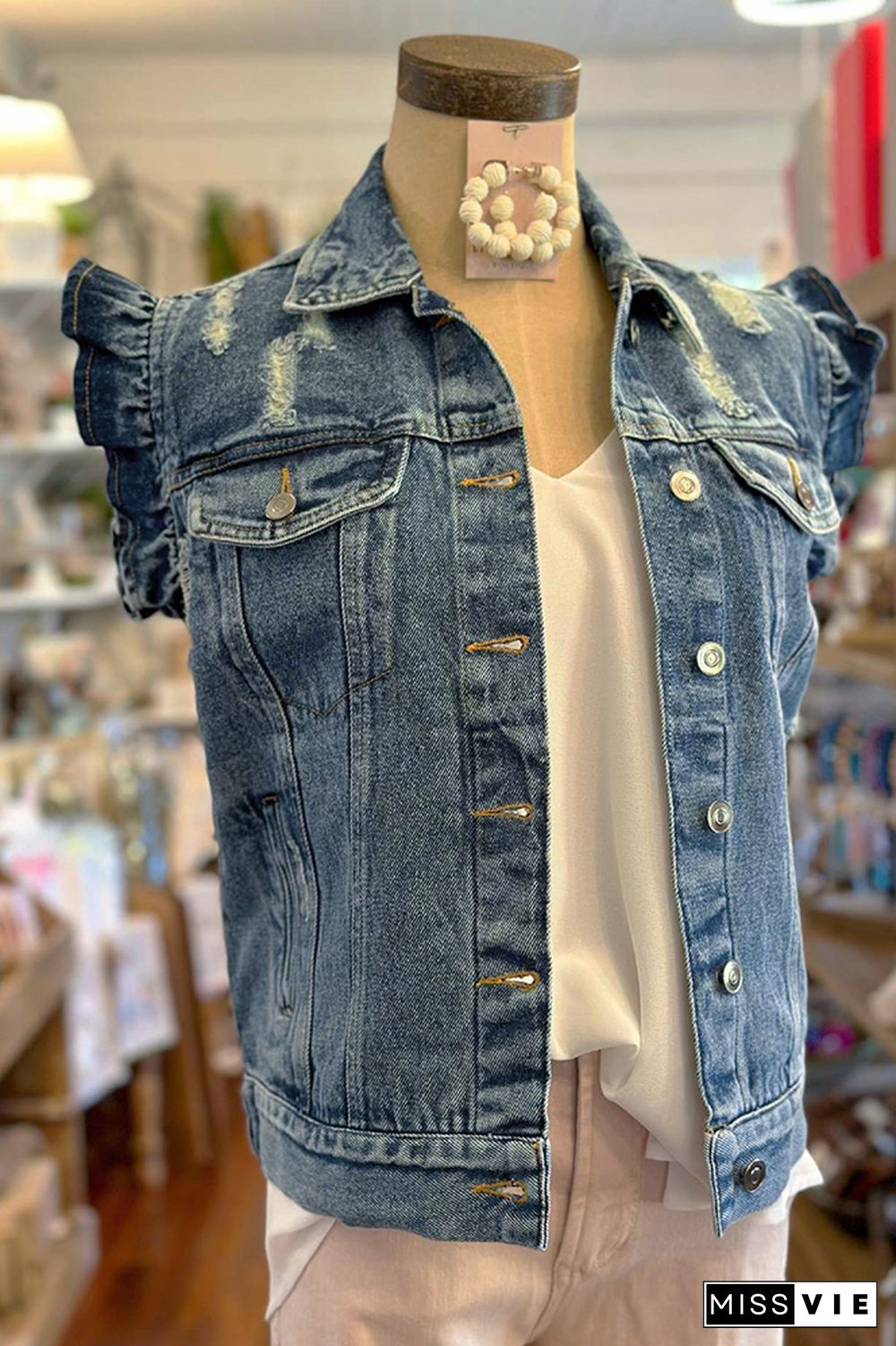 Ripped Button Up Ruffle Denim Jacket