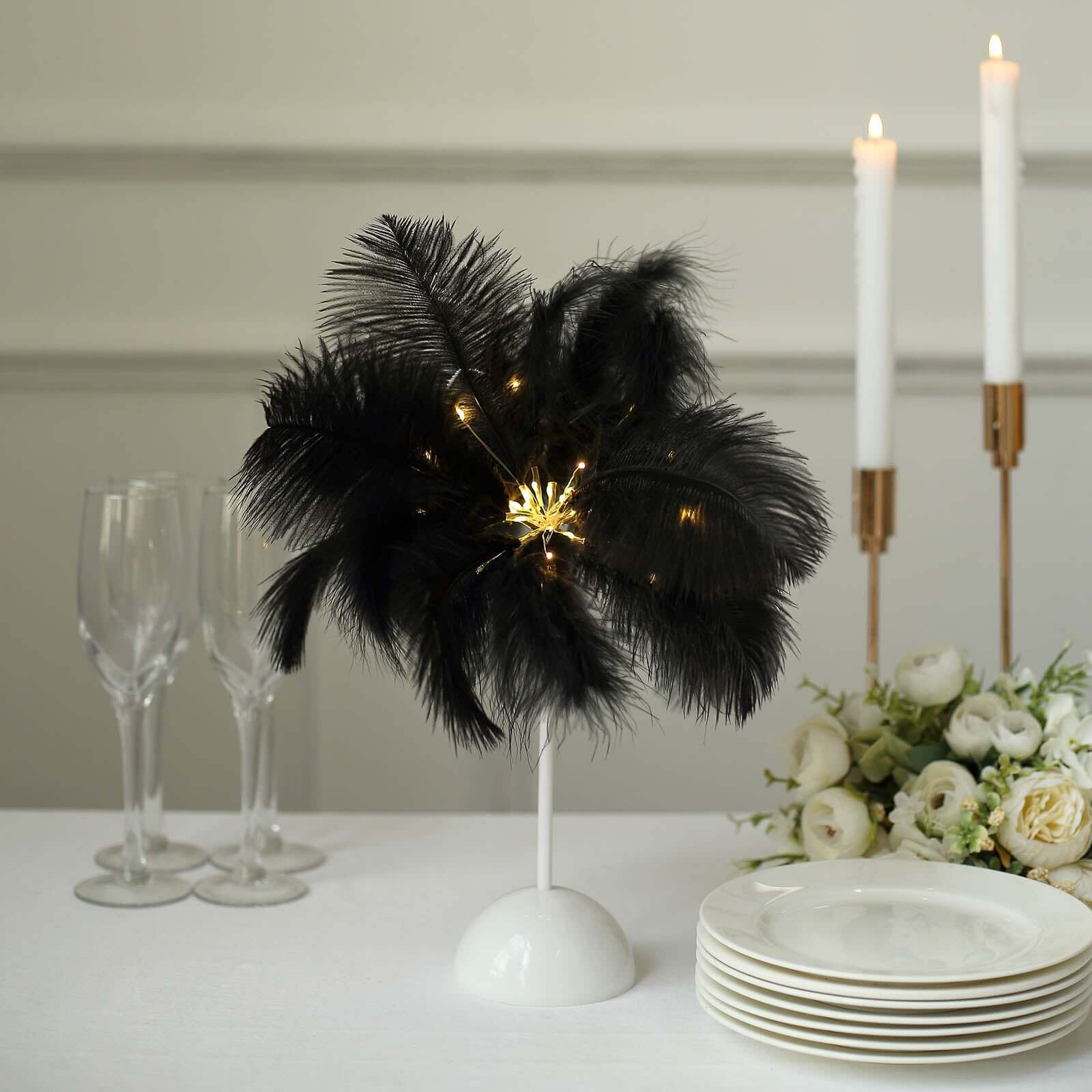 LED Black Ostrich Feather Table Lamp Desk Light, Battery Operated Cordless Wedding Centerpiece 15