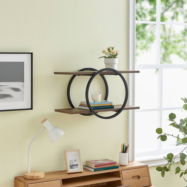 2 tier Antigua Crossed Double Circle Wall Shelf Unit Black rustic Danya B