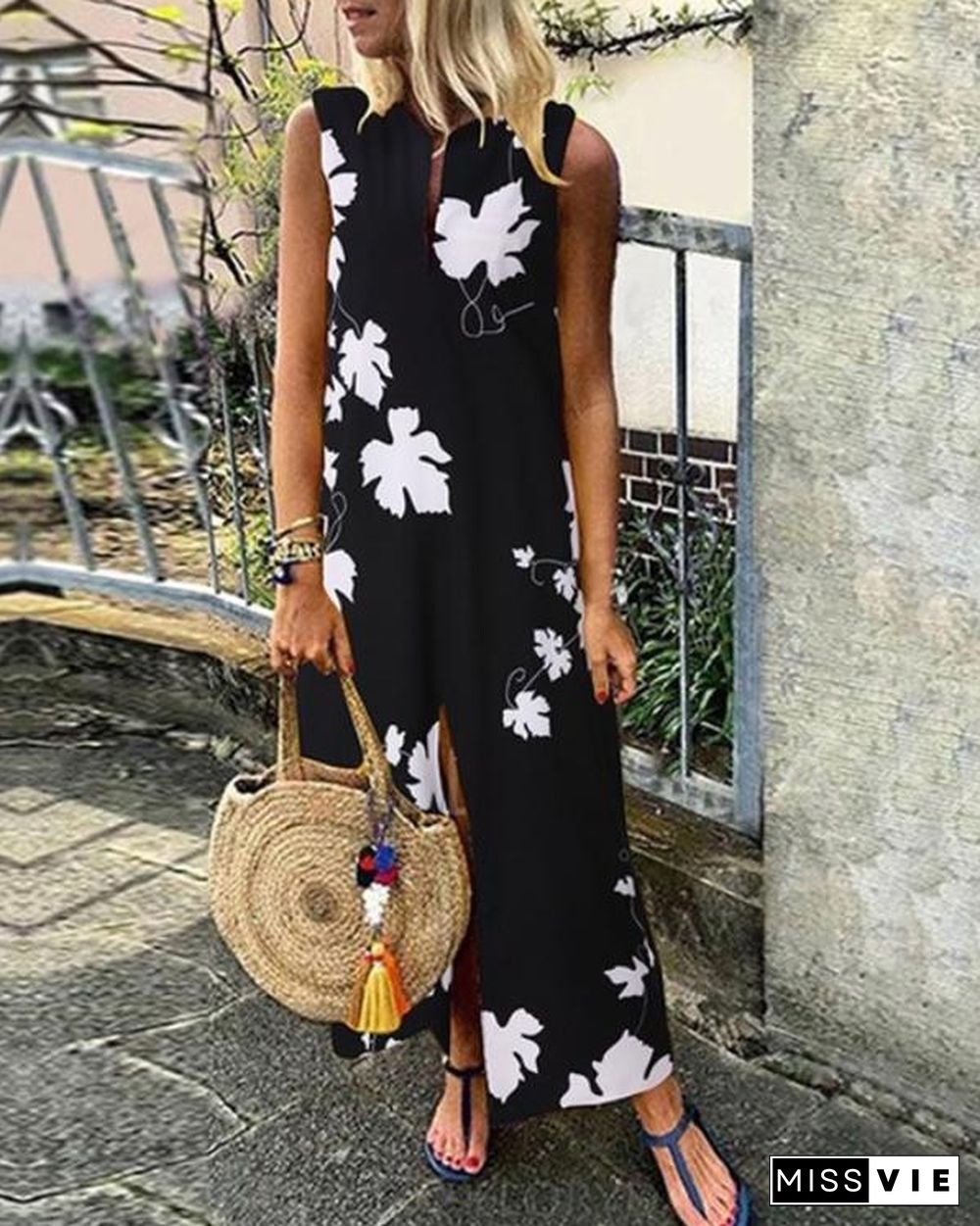 Casual Floral V-Neckline Maxi Vintage Dress