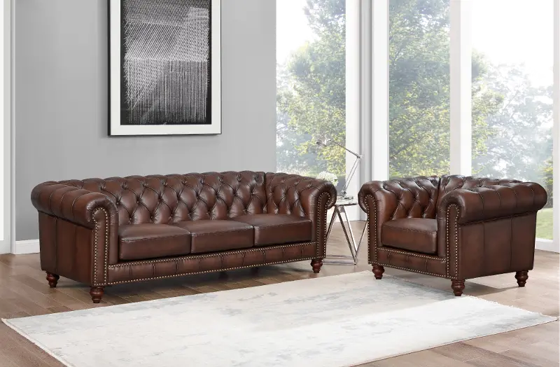 Lanchester Brown Leather Sofa and Chair Set