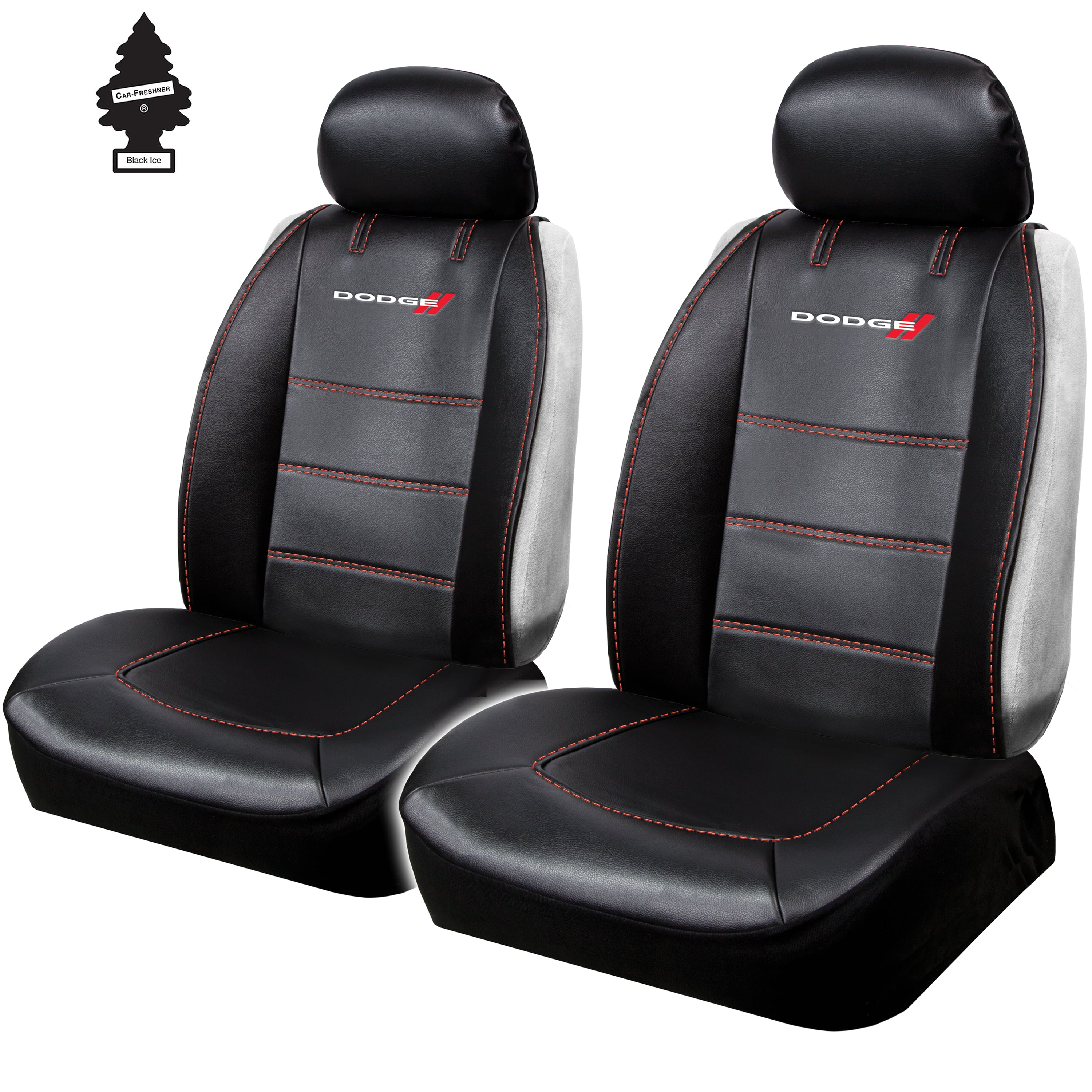 Plasticolor New Pair of Dodge Logo Universal Side Less Car SUV Truck Seat Cover with Headrest and Air Freshener Deluxe Version