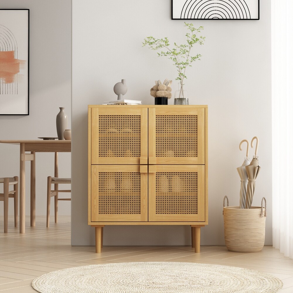 4 Doors Rattan Mesh Storage Cabinet  Shoe Cabinet with Eight Storage Spaces  for Entryway  Living Room  Hallway