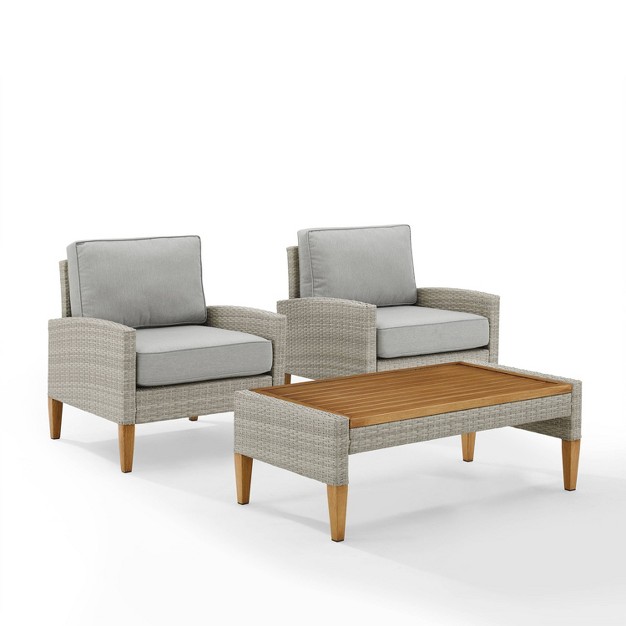 Capella Outdoor Wicker 3 Pc Set With Two Chairs And Coffee Table Gray acorn Crosley