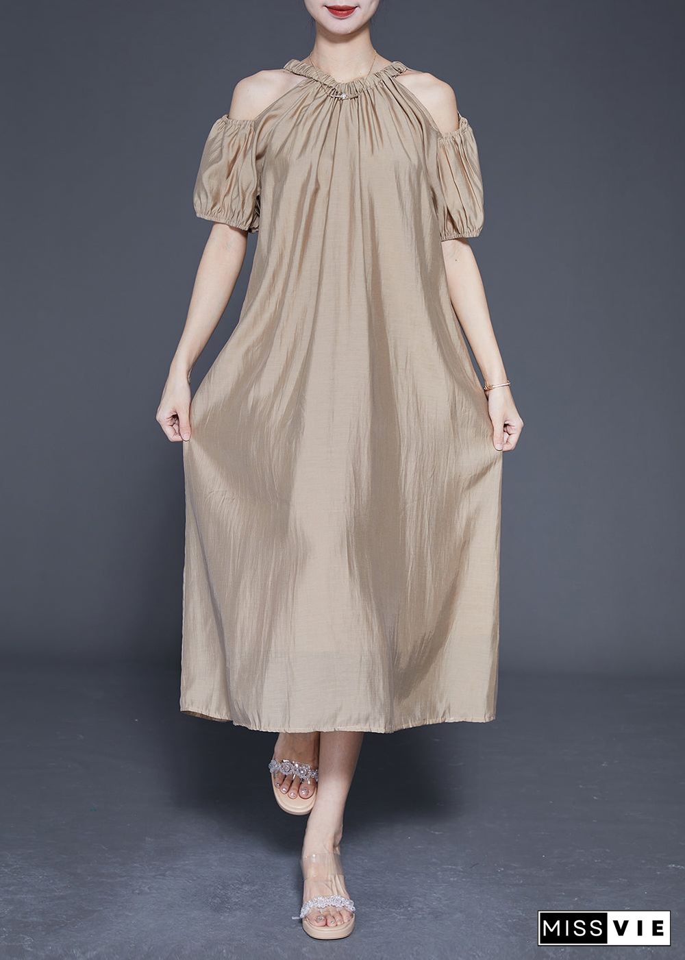 Khaki Cold Shoulder Silk Party Dress Oversized Summer