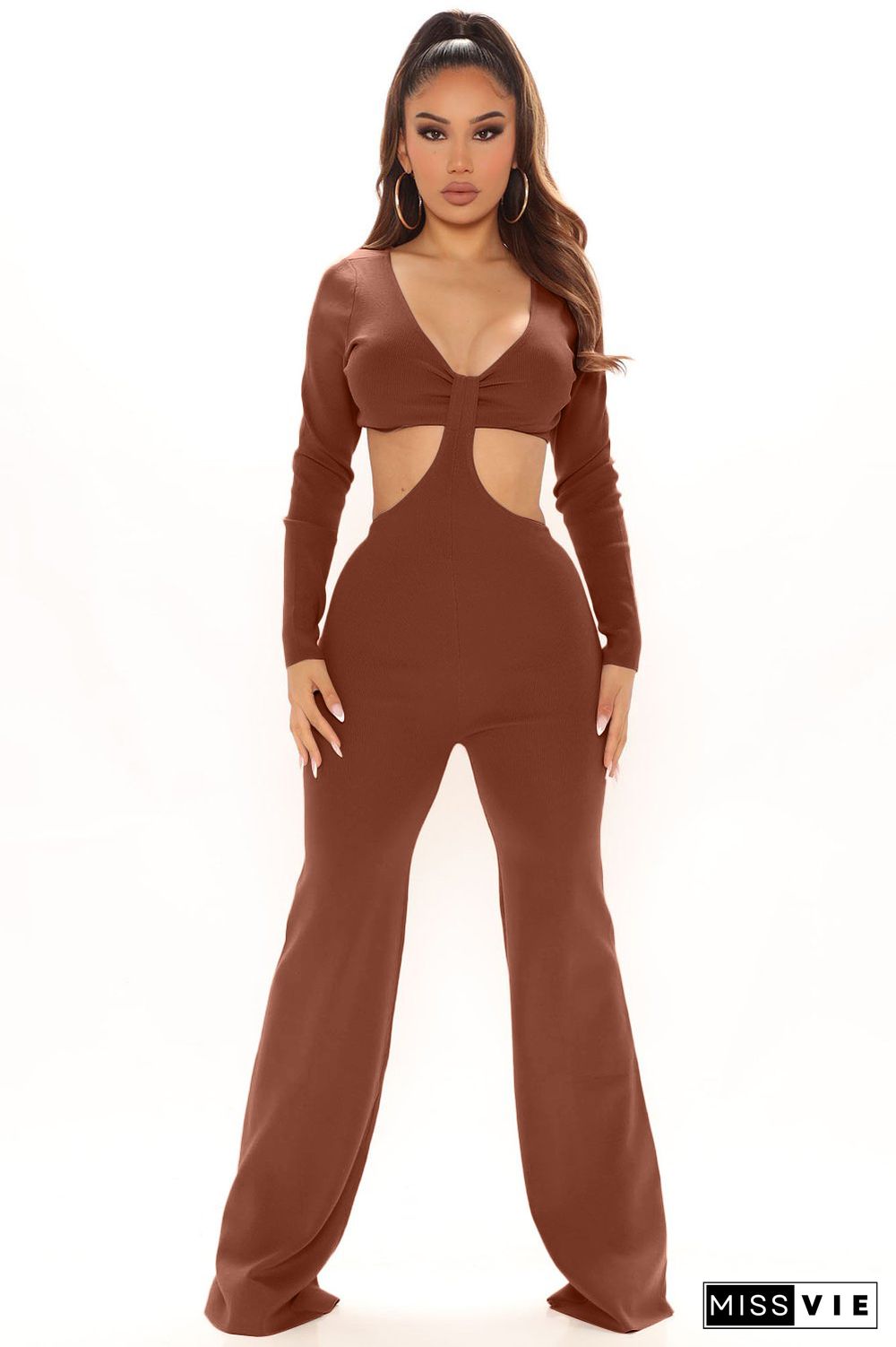 V Neck Long Sleeve Hollow Out Bodycon Jumpsuits