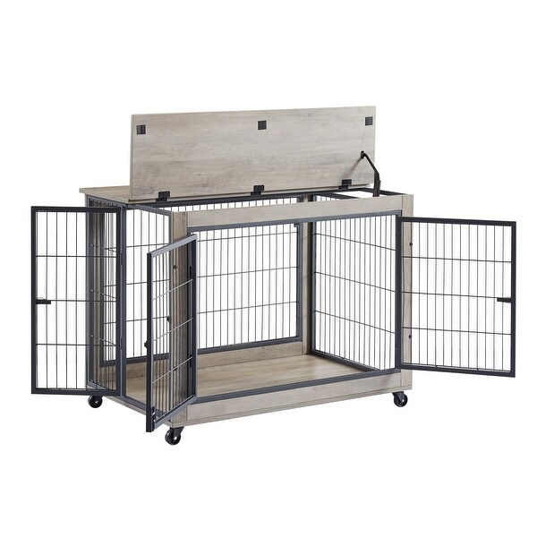 Dog Crate Side Table on Wheels with Double Doors and Flip Top