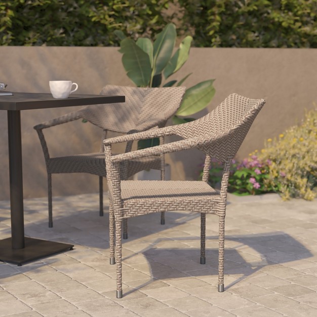 Flash Furniture Jace Set Of 2 Commercial Grade Stacking Patio Chairs All Weather Pe Rattan Wicker Patio Dining Chairs