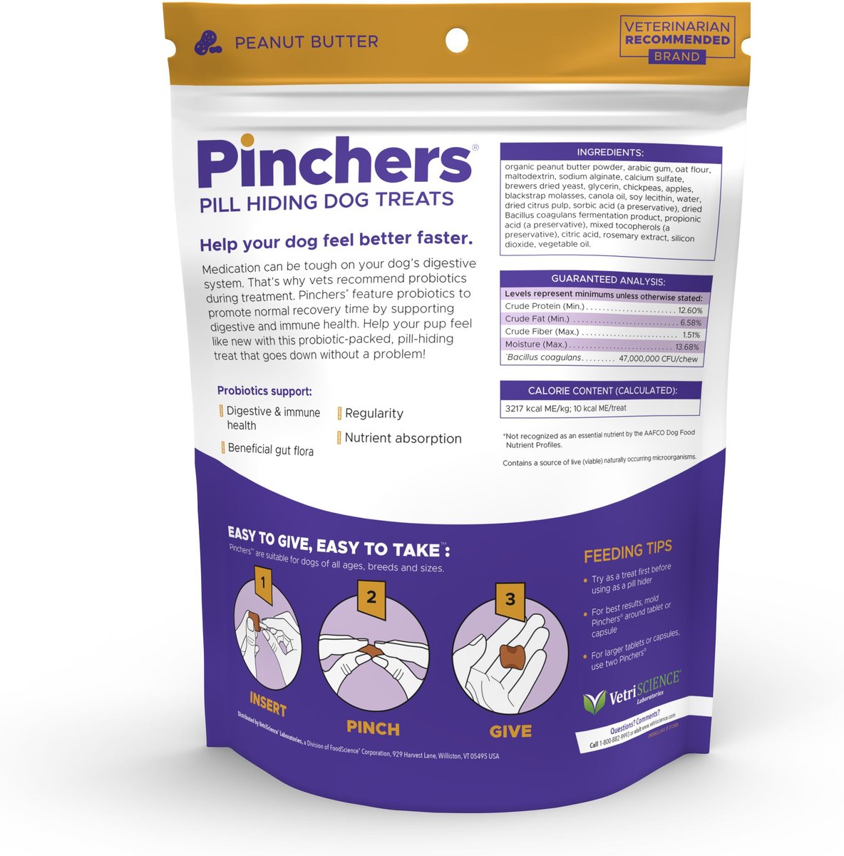 VetriScience Pinchers Pill Hiding Peanut Butter Grain-Free Dog Treats， 45 count