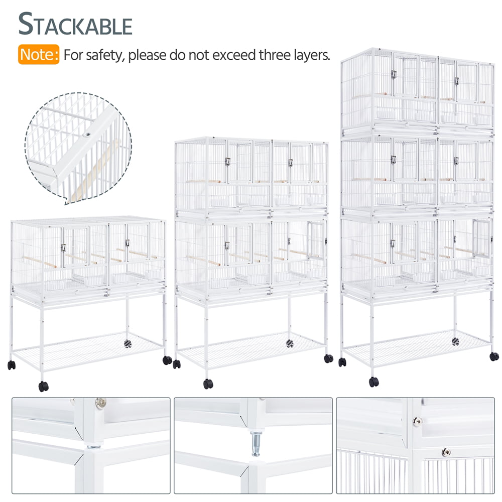 SMILE MART Stackable Wide Bird Breeder Cage with Rolling Stand， White， Metal， Divided