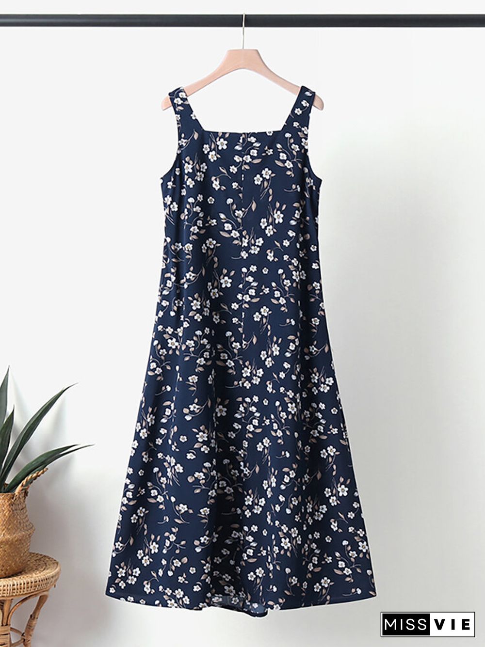 Floral Print Ruched Sleeveless Square Collar Maxi Dress