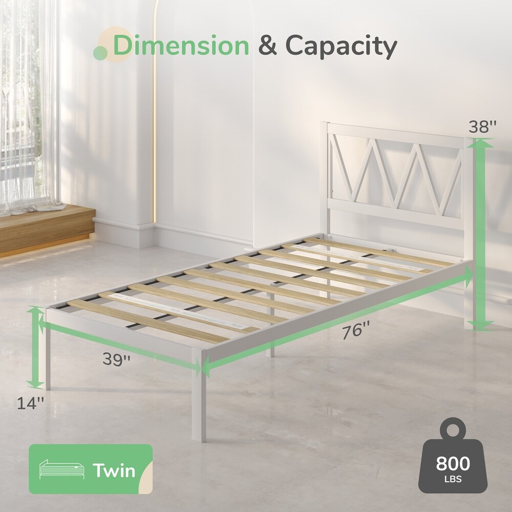 Novilla Metal Bed Frame with Headboard  Wood Slat Support White