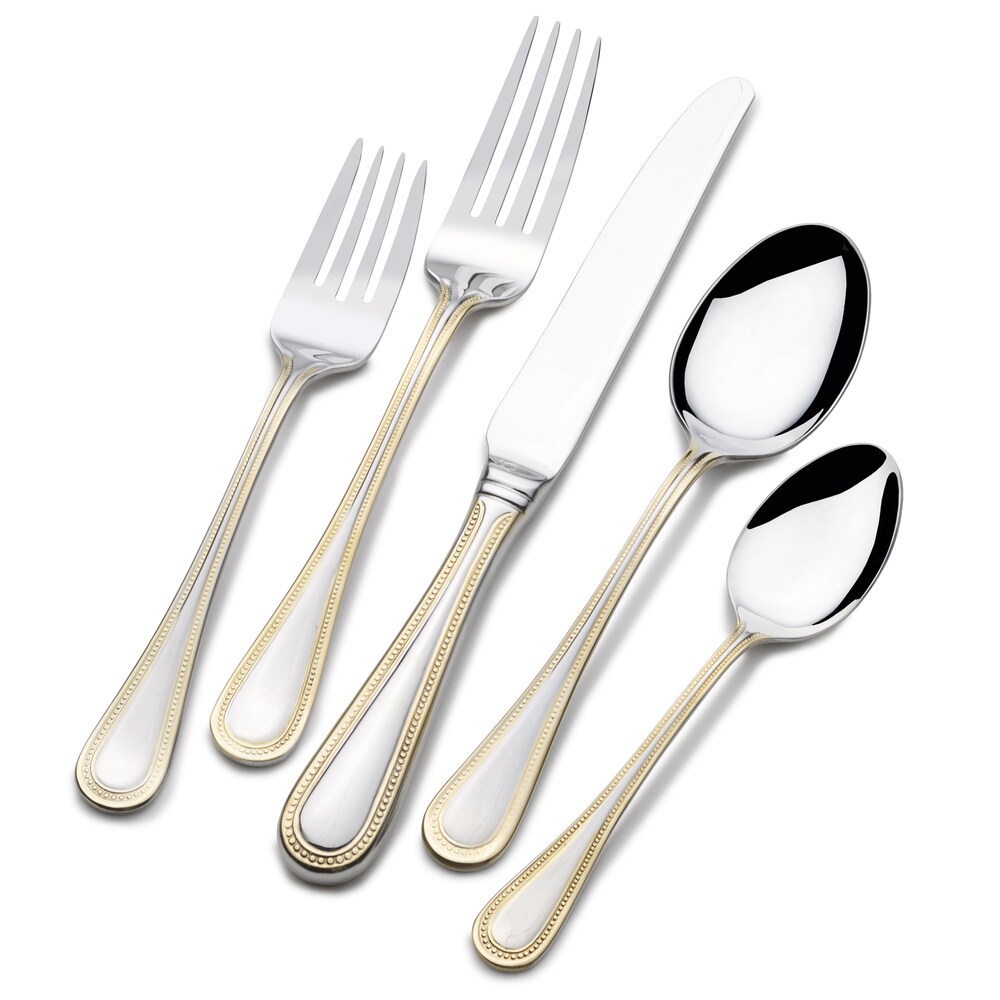 St. James 65 piece Stainless Steel Beaded Gold Accent Flatware Set