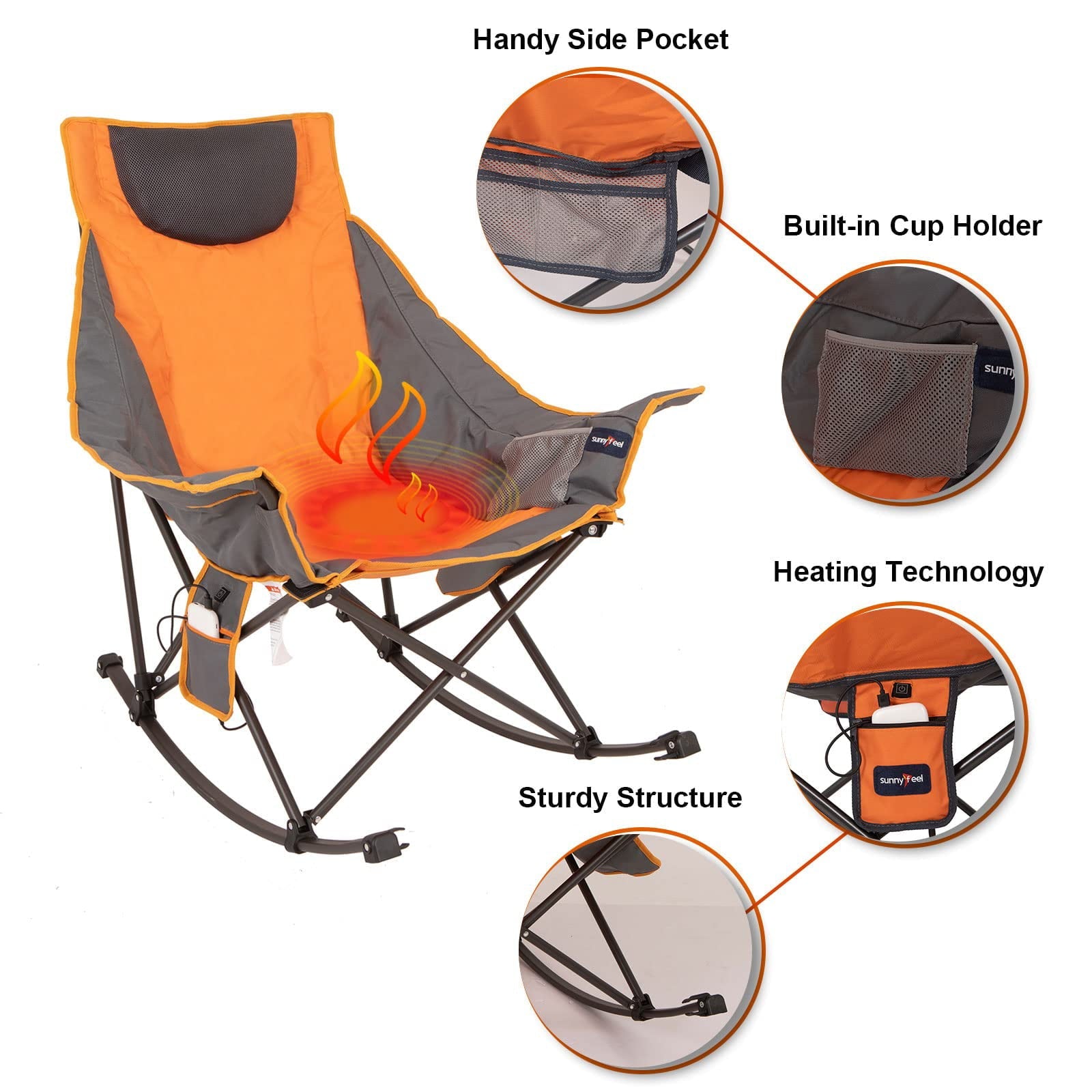 Sunnyfeel Camping Rocking Chair, Oversized Folding Heated Camping Chairs Hot Seat with Luxury Padded Recliner,Carry Bag, 300 LBS Heavy Duty for Lawn/Outdoor/Picnic/Patio, Portable Rocker Camp Chair