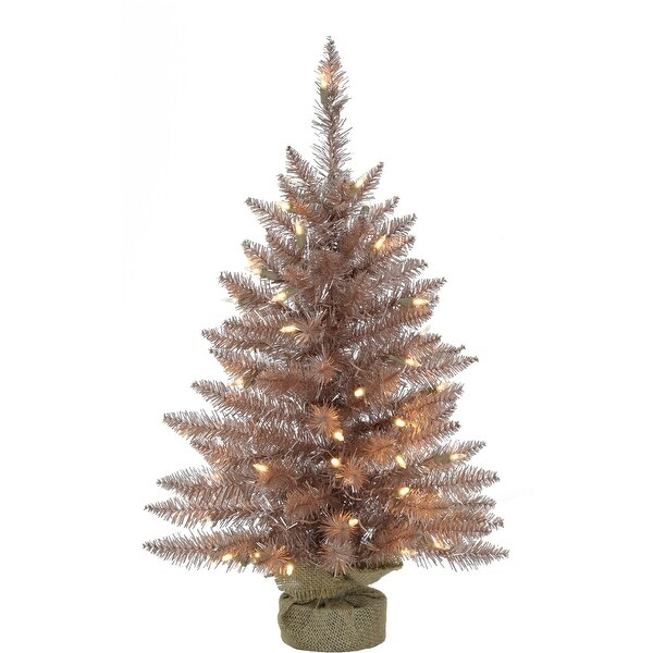 Fraser Hill Farm 3ft. Festive Tinsel Christmas Tree with Burlap Bag and Warm White LED Lights，Blush