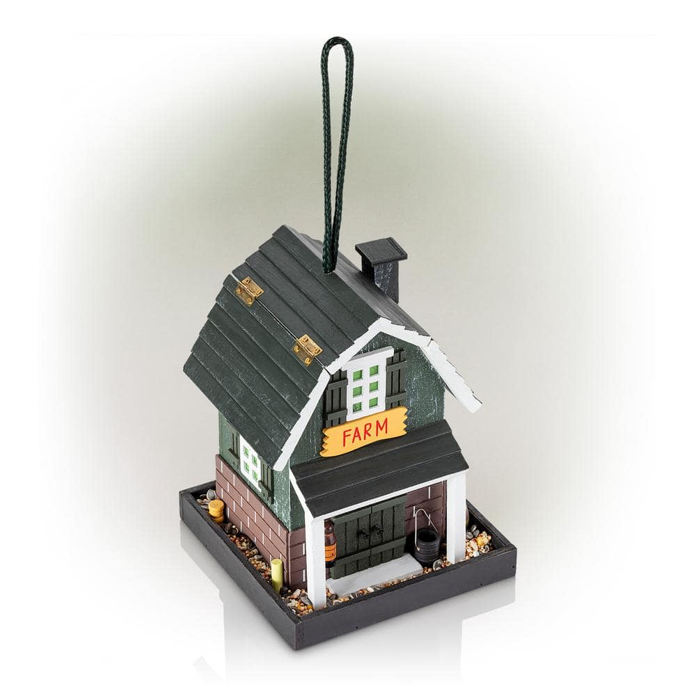 Alpine Corporation 9 in. Tall Wooden Farm Store Hanging or Table Outdoor Bird Feeder House, Black ACM118