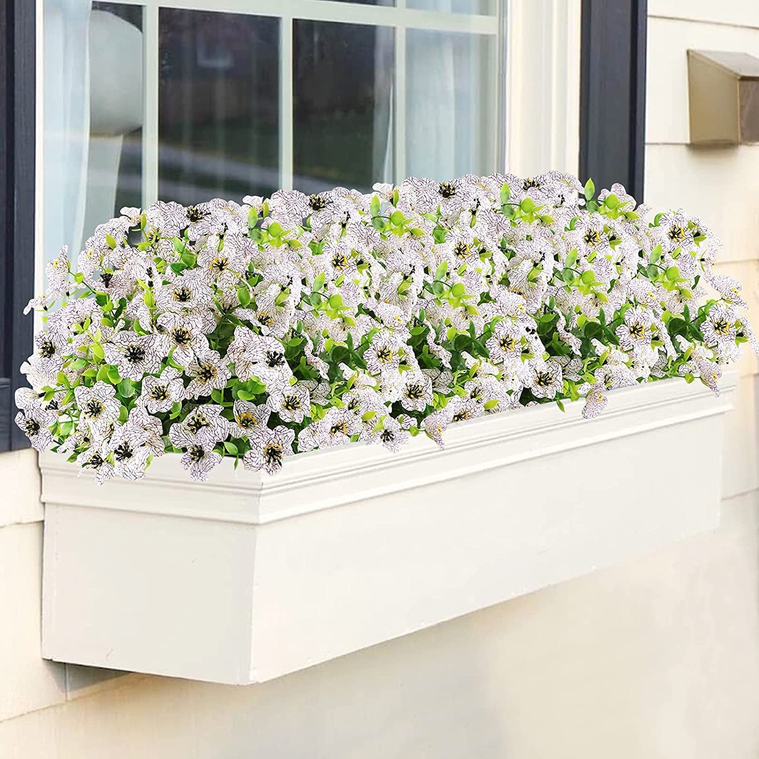 Sinhoon 6 Bundles Artificial Flowers UV Resistant Fake Plants Outdoor Faux Plastic Flowers Garden Window Box Porch Home Decor (White)