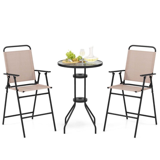 Costway 3pcs Patio Bistro Set Folding Chairs Round Bar Table With 1 6 x27 x27 Umbrella Hole Yard