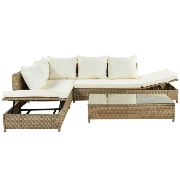 3-Piece Sofa PE Wicker Sectional Set with Adjustable Chaise Lounge Frame and Tempered Glass Table - N/A