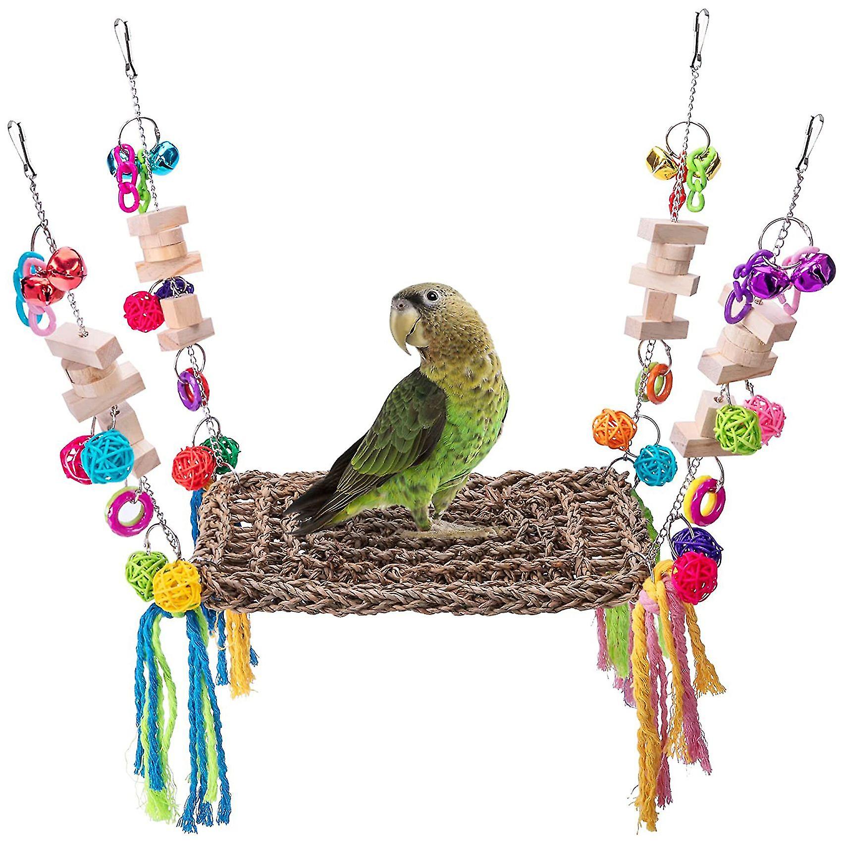 Bird Parrot Foraging Wall Mat Toys， Edible Seagrass Bird Swing Mat With Colorful Chewing Toy Activi