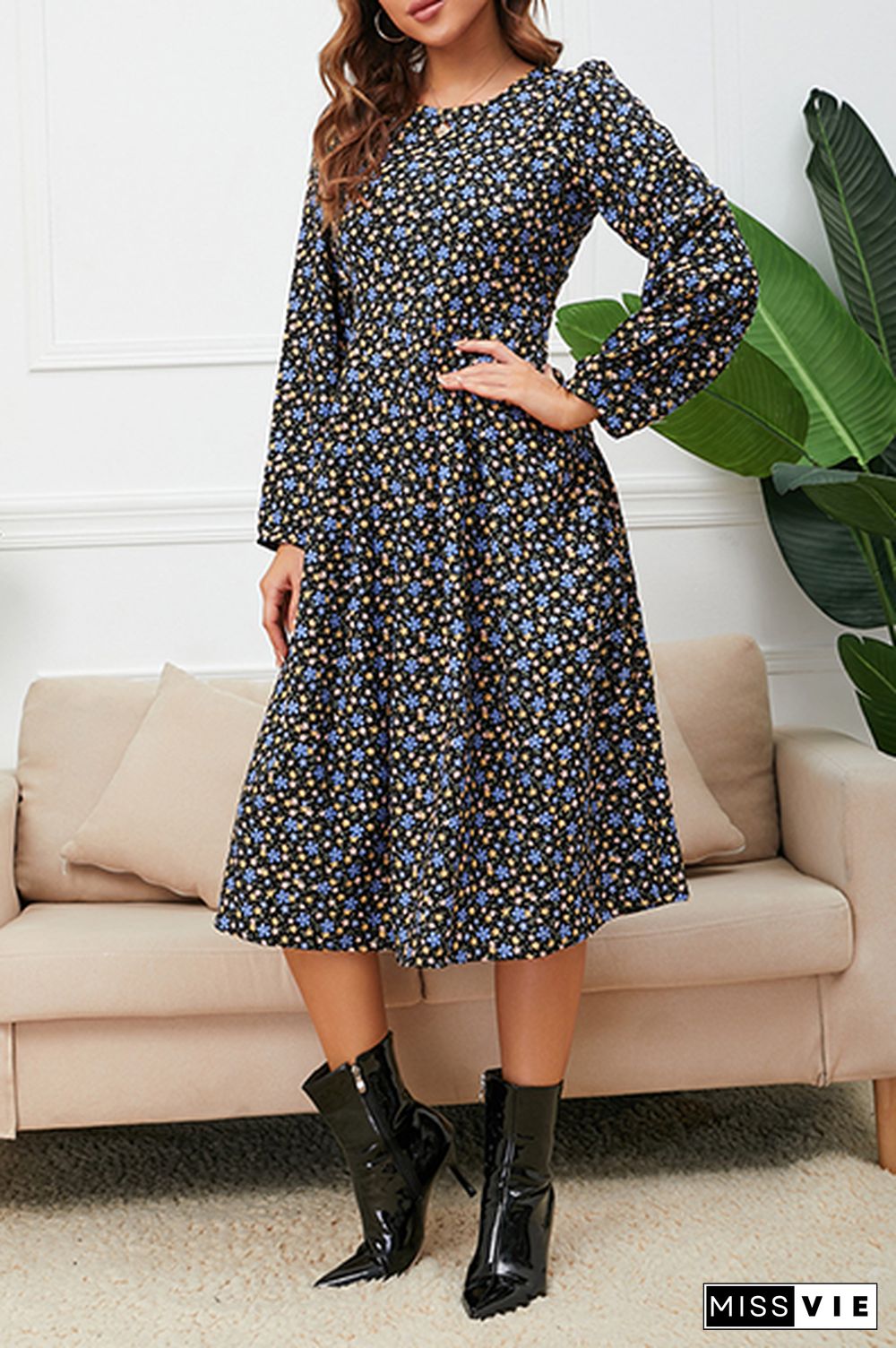 Elegant Floral Split Joint Square Collar A Line Dresses