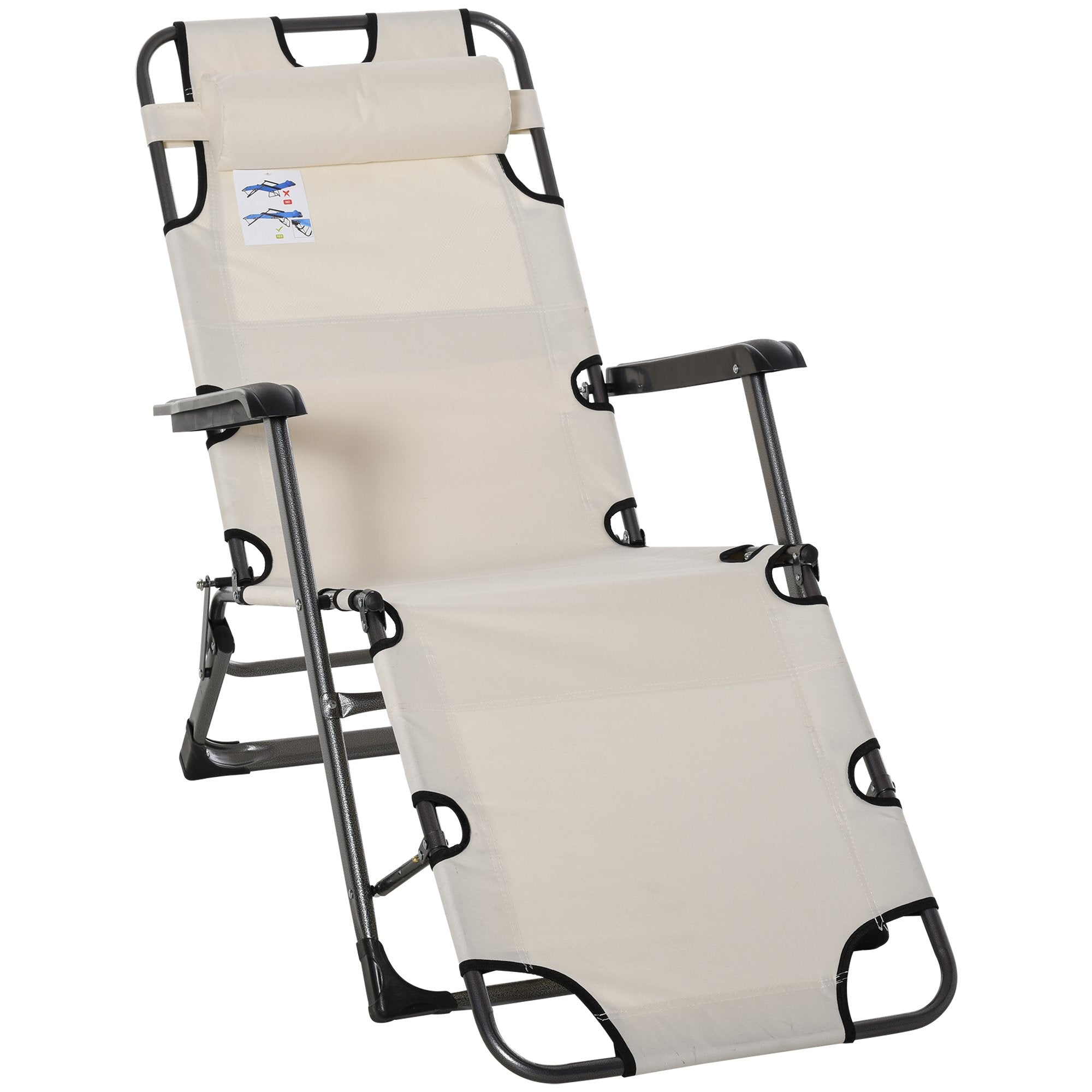 Tomshoo Outdoor Folding Reclining Chairs Beach Patio Oxford Fabric 120°/180° w/ Head Pillow - White