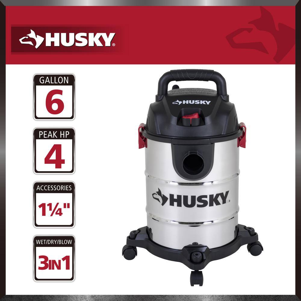 Husky 6 Gal. Stainless Steel WetDry Vac with Filter Hose and Accessories AT18304-6B