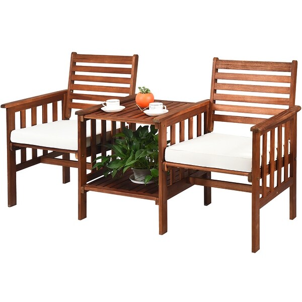 Costway Patio Loveseat Conversation Set Acacia Wood Chair Coffee Table