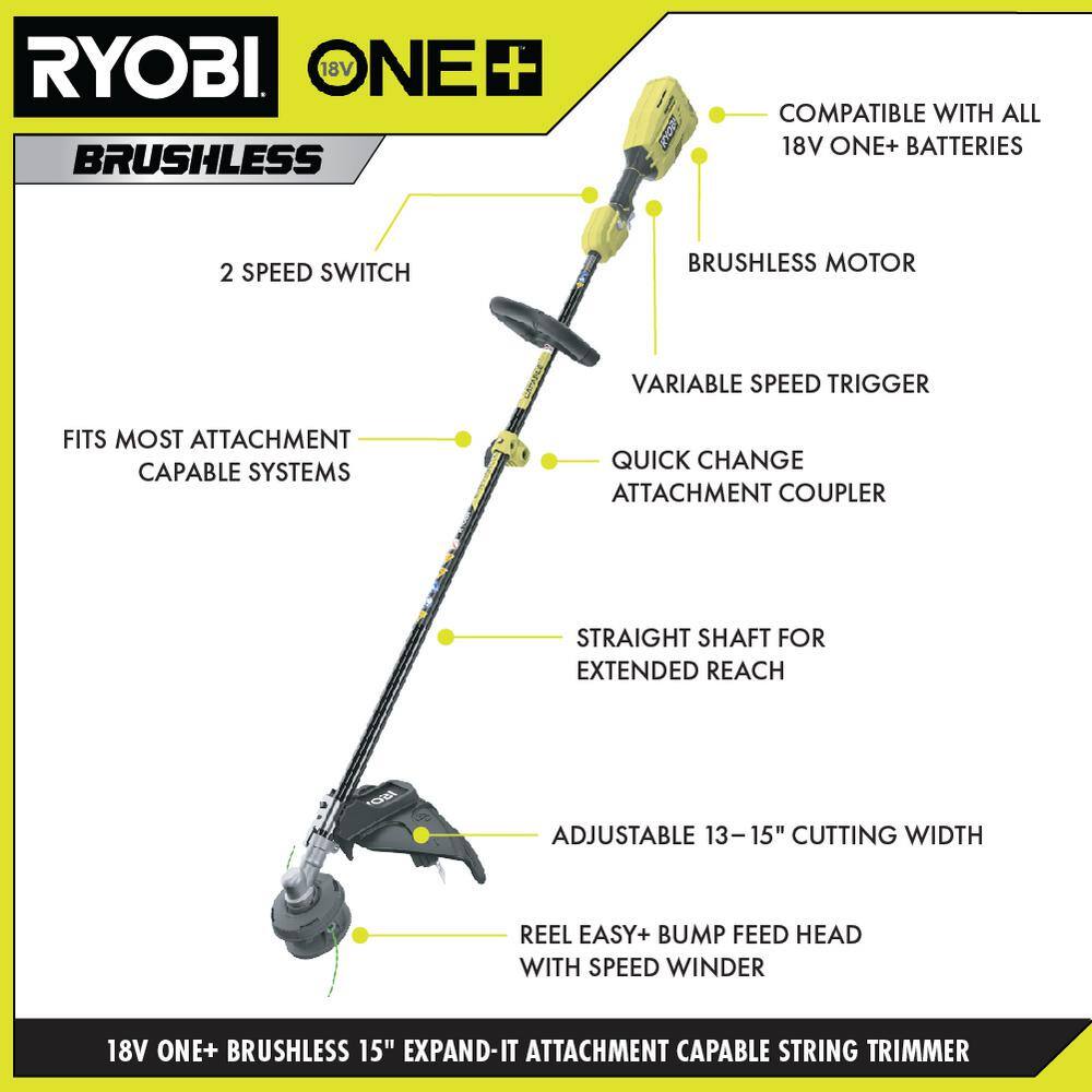 RYOBI P20110-EDG ONE+ 18V Brushless 15 in. Cordless Attachment Capable String Trimmer with Edger Attachment， 4.0 Ah Battery， and Charger