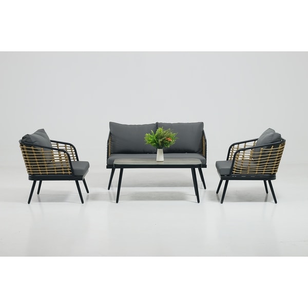 4Piece Rattan Wicker Outdoor Sofa Set with Cushions and Table