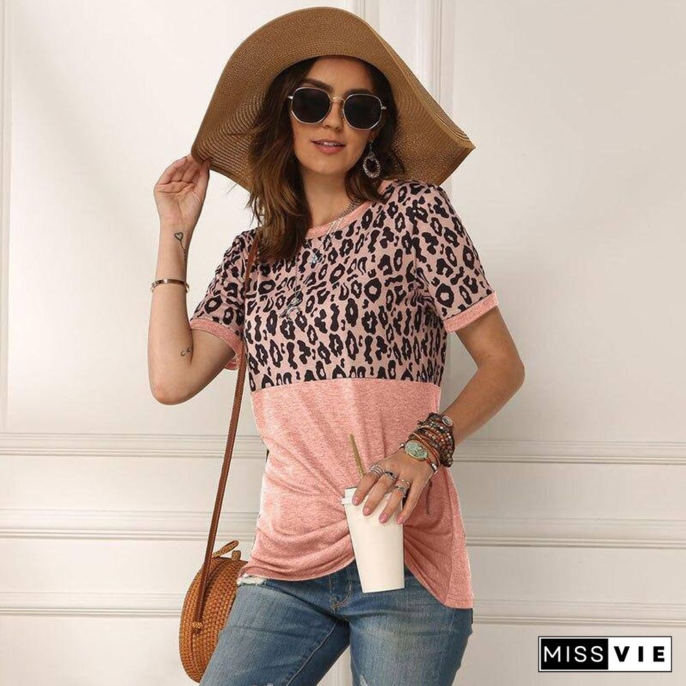 Leopard T-shirt Women Patchwork Top Summer Short Sleeve Tee Shirts Women Clothes New Tie Tops Tee Female 2XL Tee