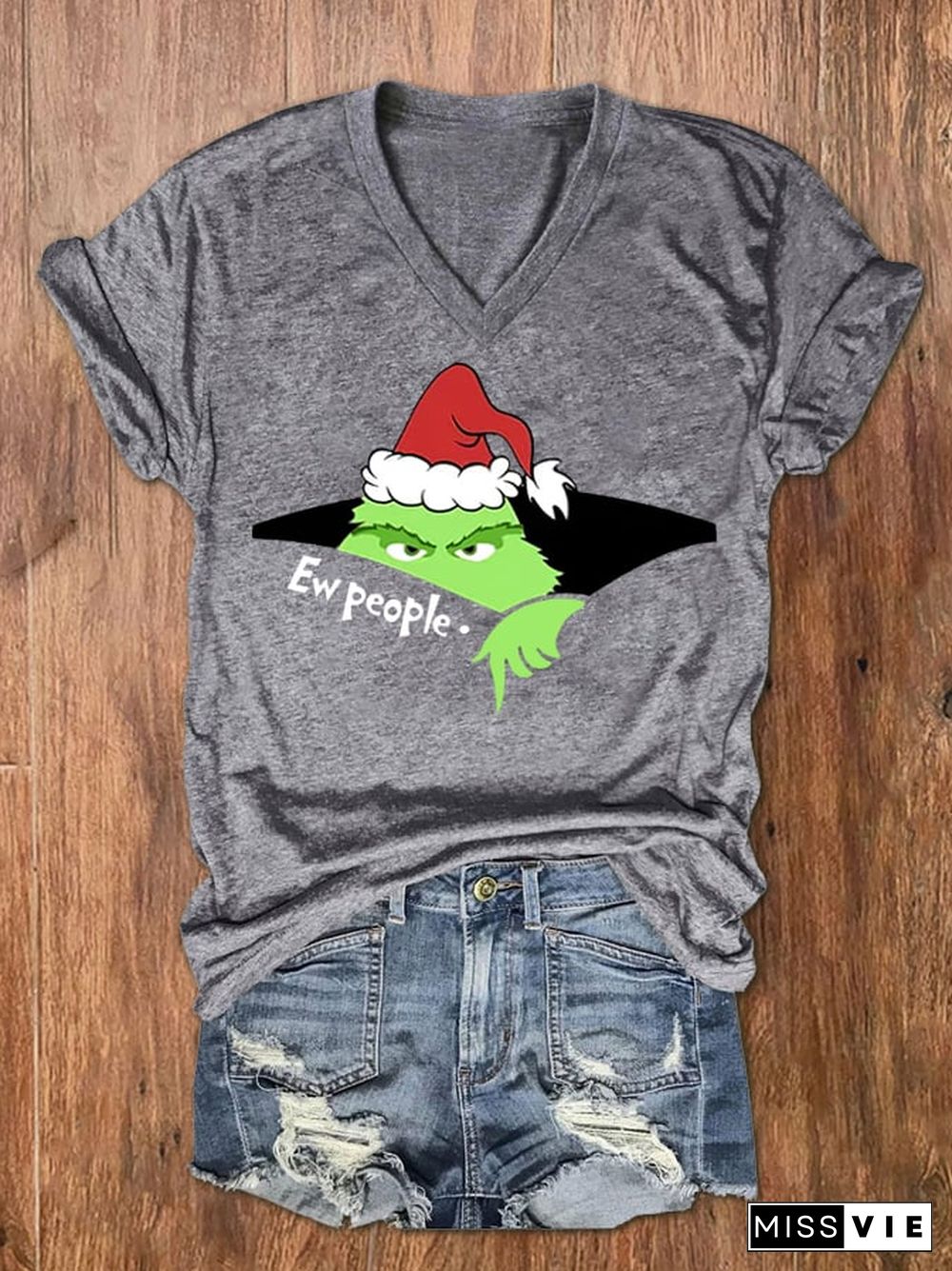 Women's Christmas EW People Print V-Neck T-Shirt